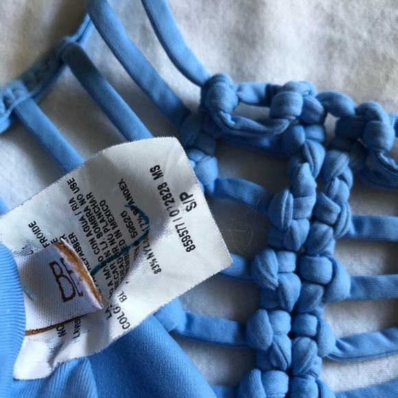 BECCA High Neck Macrame Crochet Halter Swim Top in Light Blue Small - Picture 5 of 5